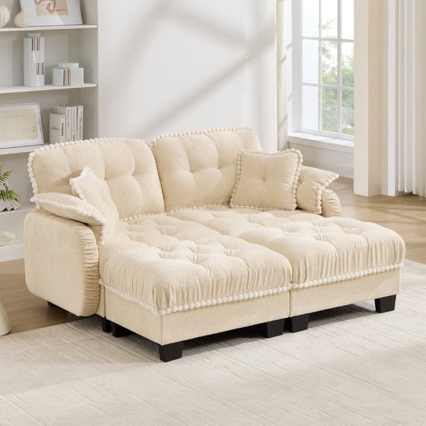 English Elm Chenille Cloud Loveseat with Tufted Cushions Pom-Pom Trim and Movable Ottoman Cream Beige W714S01889