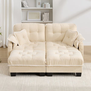 English Elm Chenille Cloud Loveseat with Tufted Cushions Pom-Pom Trim and Movable Ottoman Cream Beige W714S01889