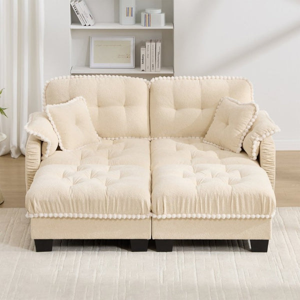 English Elm Chenille Cloud Loveseat with Tufted Cushions Pom-Pom Trim and Movable Ottoman Cream Beige W714S01889