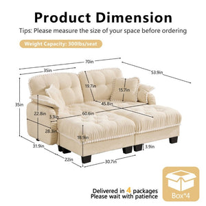 English Elm Chenille Cloud Loveseat with Tufted Cushions Pom-Pom Trim and Movable Ottoman Cream Beige W714S01889