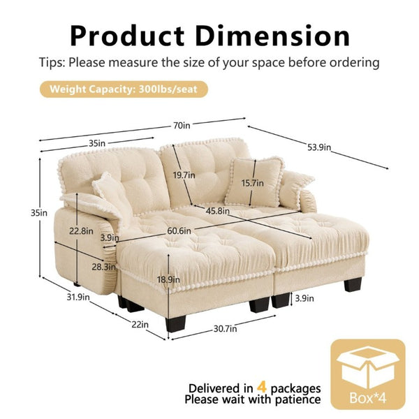 English Elm Chenille Cloud Loveseat with Tufted Cushions Pom-Pom Trim and Movable Ottoman Cream Beige W714S01889
