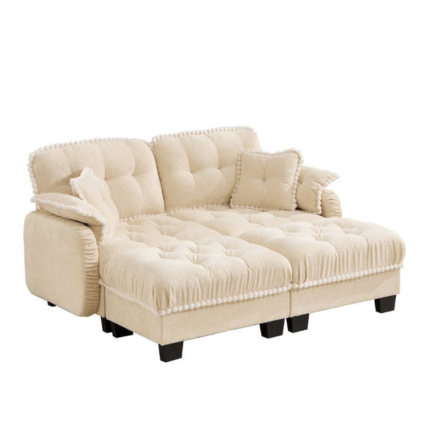 English Elm Chenille Cloud Loveseat with Tufted Cushions Pom-Pom Trim and Movable Ottoman Cream Beige W714S01889