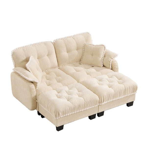 English Elm Chenille Cloud Loveseat with Tufted Cushions Pom-Pom Trim and Movable Ottoman Cream Beige W714S01889