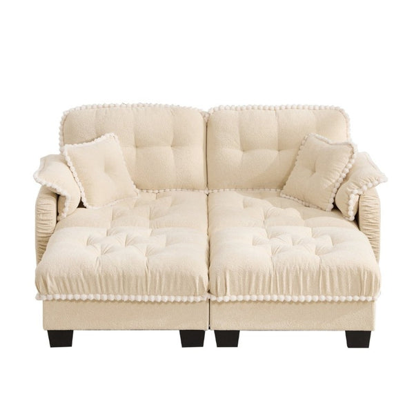 English Elm Chenille Cloud Loveseat with Tufted Cushions Pom-Pom Trim and Movable Ottoman Cream Beige W714S01889