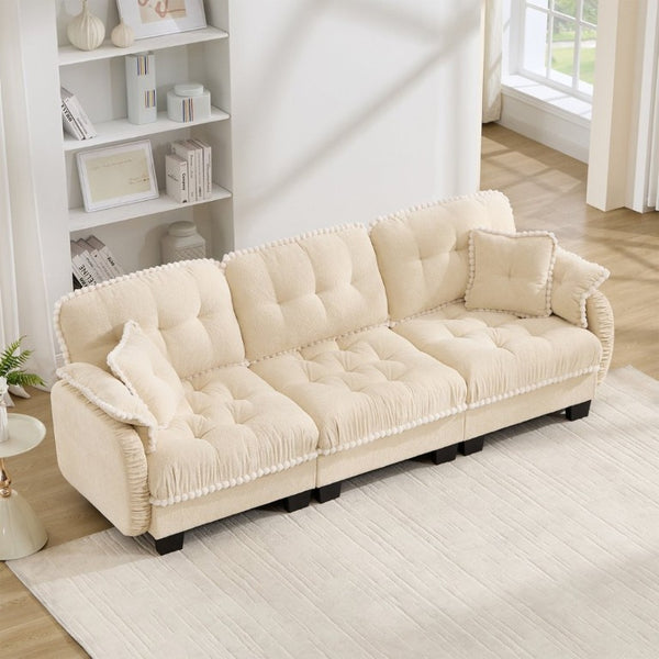 English Elm Chenille Cloud Sofa Three Seat Tufted Cushions Pom Trim Ergonomic Living Room Couch Cream Beige W714S01890