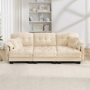 English Elm Chenille Cloud Sofa Three Seat Tufted Cushions Pom Trim Ergonomic Living Room Couch Cream Beige W714S01890