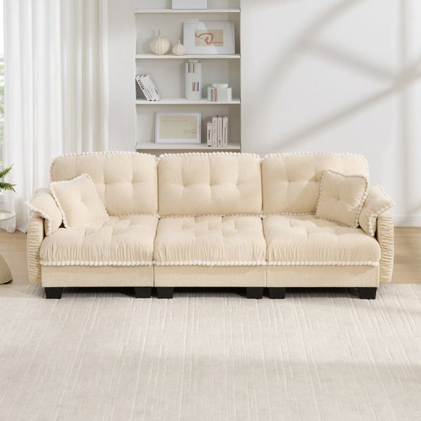 English Elm Chenille Cloud Sofa Three Seat Tufted Cushions Pom Trim Ergonomic Living Room Couch Cream Beige W714S01890