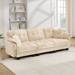 English Elm Chenille Cloud Sofa Three Seat Tufted Cushions Pom Trim Ergonomic Living Room Couch Cream Beige W714S01890