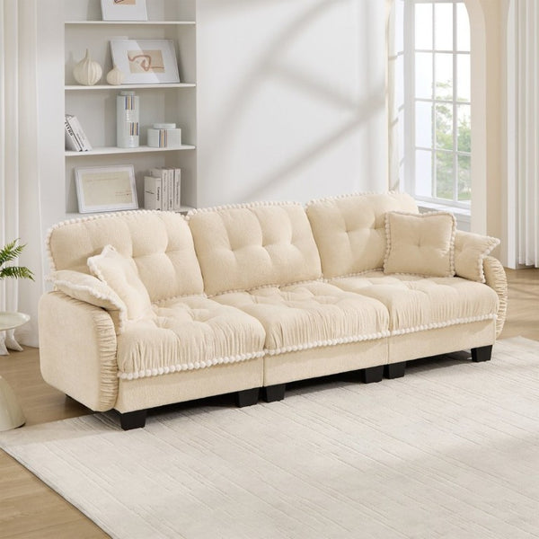 English Elm Chenille Cloud Sofa Three Seat Tufted Cushions Pom Trim Ergonomic Living Room Couch Cream Beige W714S01890