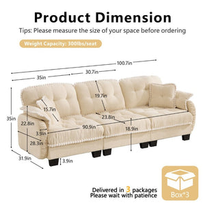 English Elm Chenille Cloud Sofa Three Seat Tufted Cushions Pom Trim Ergonomic Living Room Couch Cream Beige W714S01890