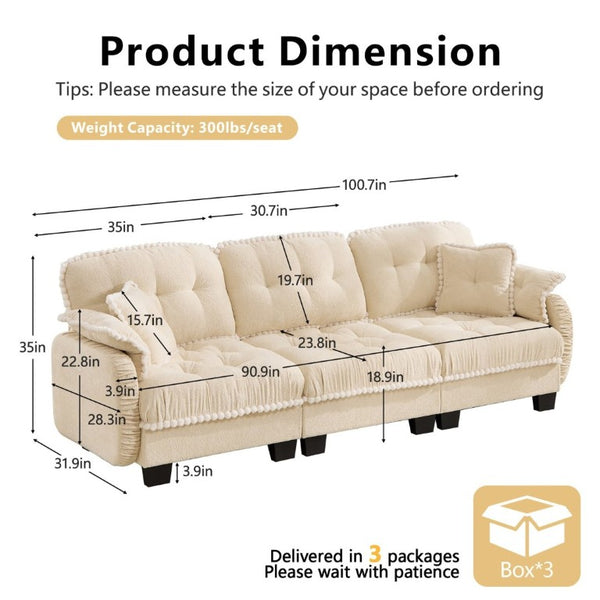 English Elm Chenille Cloud Sofa Three Seat Tufted Cushions Pom Trim Ergonomic Living Room Couch Cream Beige W714S01890