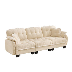 English Elm Chenille Cloud Sofa Three Seat Tufted Cushions Pom Trim Ergonomic Living Room Couch Cream Beige W714S01890