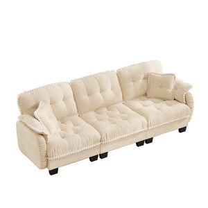 English Elm Chenille Cloud Sofa Three Seat Tufted Cushions Pom Trim Ergonomic Living Room Couch Cream Beige W714S01890