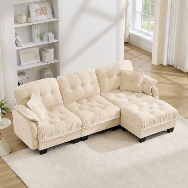 English Elm Chenille Cloud Sectional Sofa with Quilted Tufted Cushions and Movable Ottoman Lounge Seat Cream Beige W714S01891
