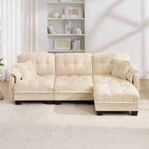 English Elm Chenille Cloud Sectional Sofa with Quilted Tufted Cushions and Movable Ottoman Lounge Seat Cream Beige W714S01891