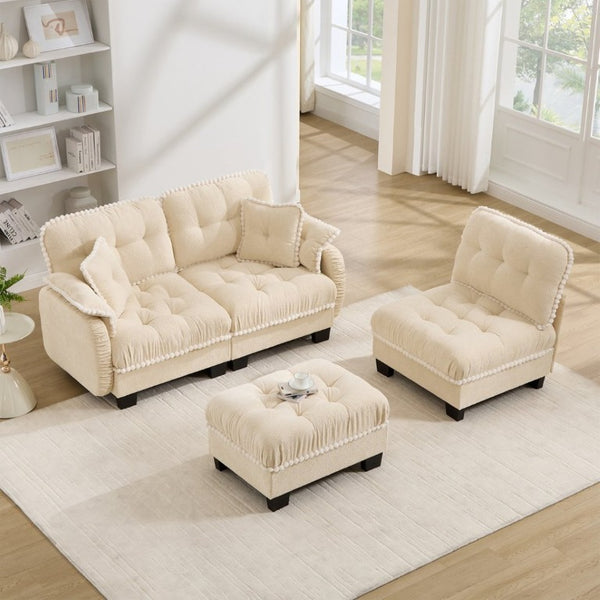 English Elm Chenille Cloud Sectional Sofa with Quilted Tufted Cushions and Movable Ottoman Lounge Seat Cream Beige W714S01891
