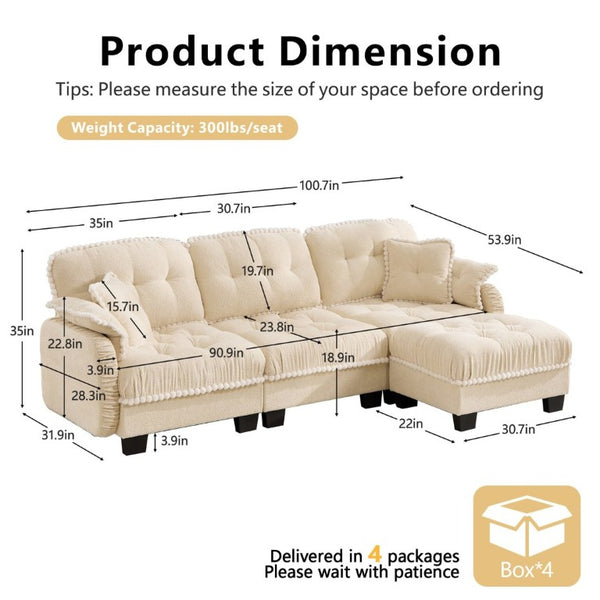 English Elm Chenille Cloud Sectional Sofa with Quilted Tufted Cushions and Movable Ottoman Lounge Seat Cream Beige W714S01891