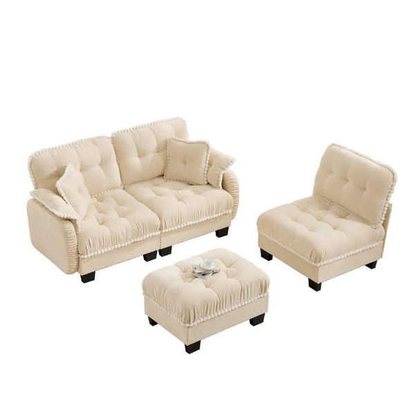 English Elm Chenille Cloud Sectional Sofa with Quilted Tufted Cushions and Movable Ottoman Lounge Seat Cream Beige W714S01891