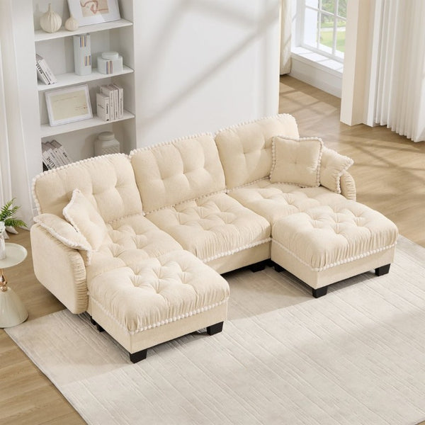 English Elm Chenille U-Shaped Sectional Sofa with Tufted Cushions Pom-Pom Trim and Movable Ottoman Beige W714S01892