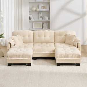 English Elm Chenille U-Shaped Sectional Sofa with Tufted Cushions Pom-Pom Trim and Movable Ottoman Beige W714S01892