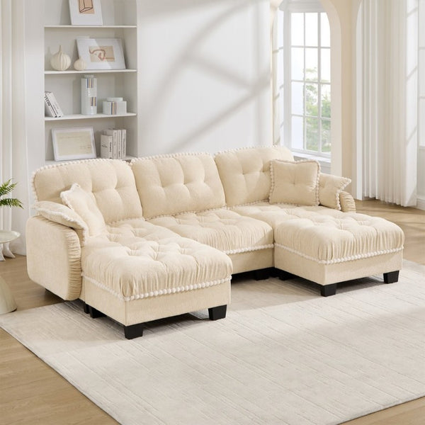 English Elm Chenille U-Shaped Sectional Sofa with Tufted Cushions Pom-Pom Trim and Movable Ottoman Beige W714S01892