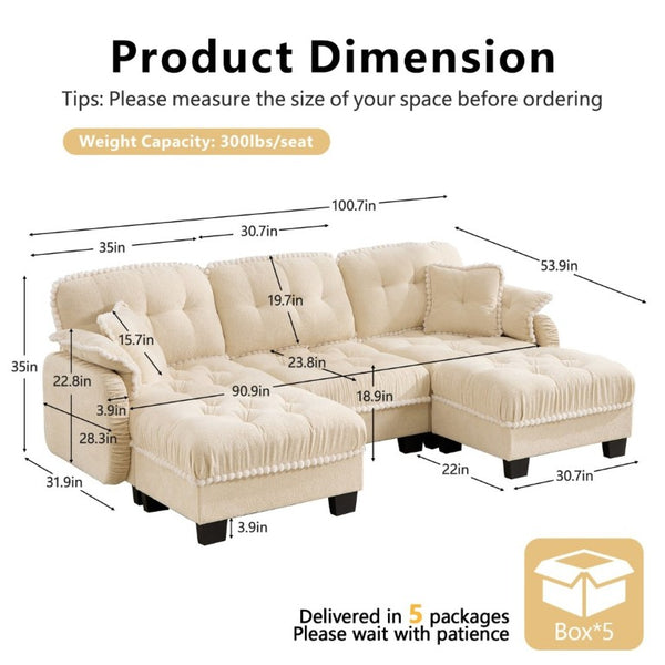 English Elm Chenille U-Shaped Sectional Sofa with Tufted Cushions Pom-Pom Trim and Movable Ottoman Beige W714S01892