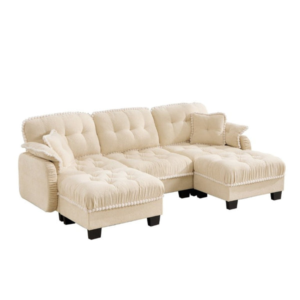 English Elm Chenille U-Shaped Sectional Sofa with Tufted Cushions Pom-Pom Trim and Movable Ottoman Beige W714S01892