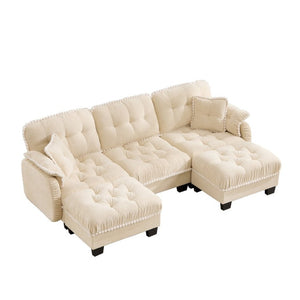 English Elm Chenille U-Shaped Sectional Sofa with Tufted Cushions Pom-Pom Trim and Movable Ottoman Beige W714S01892