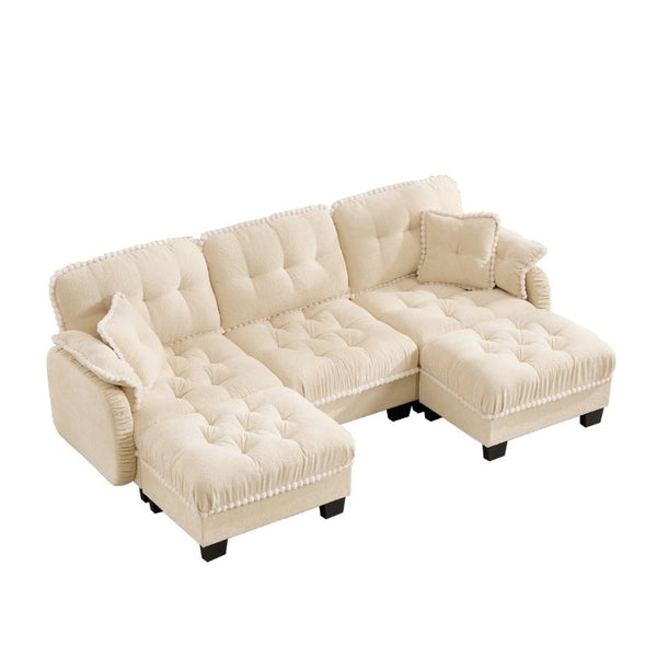 English Elm Chenille U-Shaped Sectional Sofa with Tufted Cushions Pom-Pom Trim and Movable Ottoman Beige W714S01892