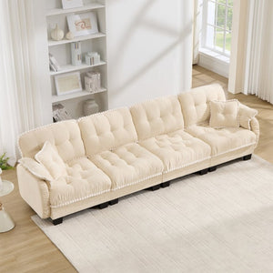 English Elm Chenille Cloud Sofa Quilted Tufted Cushions Pom-Pom Trim Four Seat Living Room Couch Beige W714S01893