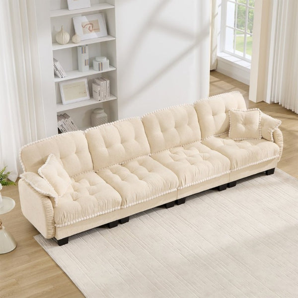 English Elm Chenille Cloud Sofa Quilted Tufted Cushions Pom-Pom Trim Four Seat Living Room Couch Beige W714S01893
