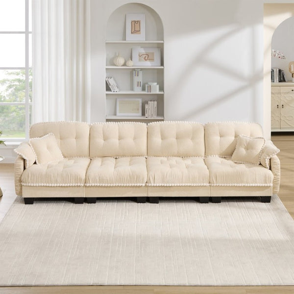 English Elm Chenille Cloud Sofa Quilted Tufted Cushions Pom-Pom Trim Four Seat Living Room Couch Beige W714S01893