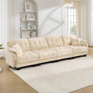 English Elm Chenille Cloud Sofa Quilted Tufted Cushions Pom-Pom Trim Four Seat Living Room Couch Beige W714S01893