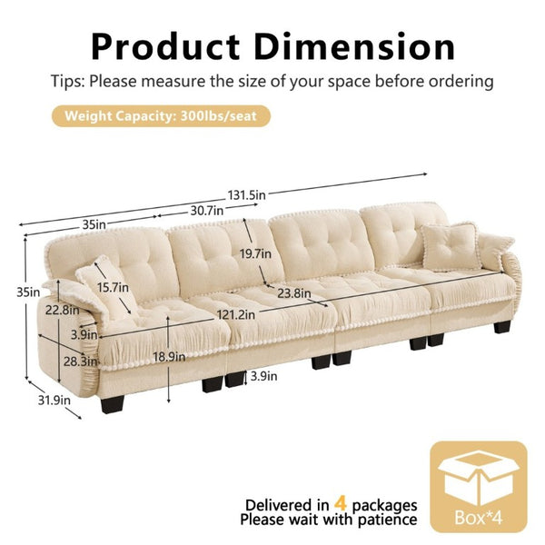 English Elm Chenille Cloud Sofa Quilted Tufted Cushions Pom-Pom Trim Four Seat Living Room Couch Beige W714S01893