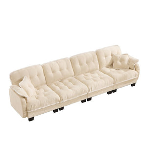 English Elm Chenille Cloud Sofa Quilted Tufted Cushions Pom-Pom Trim Four Seat Living Room Couch Beige W714S01893