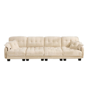 English Elm Chenille Cloud Sofa Quilted Tufted Cushions Pom-Pom Trim Four Seat Living Room Couch Beige W714S01893