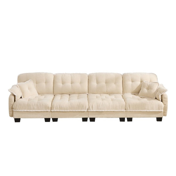 English Elm Chenille Cloud Sofa Quilted Tufted Cushions Pom-Pom Trim Four Seat Living Room Couch Beige W714S01893
