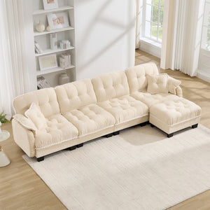 English Elm Chenille Cloud Sectional Sofa Quilted Tufted Cushions Pom-Pom Trim Movable Ottoman Beige W714S01894