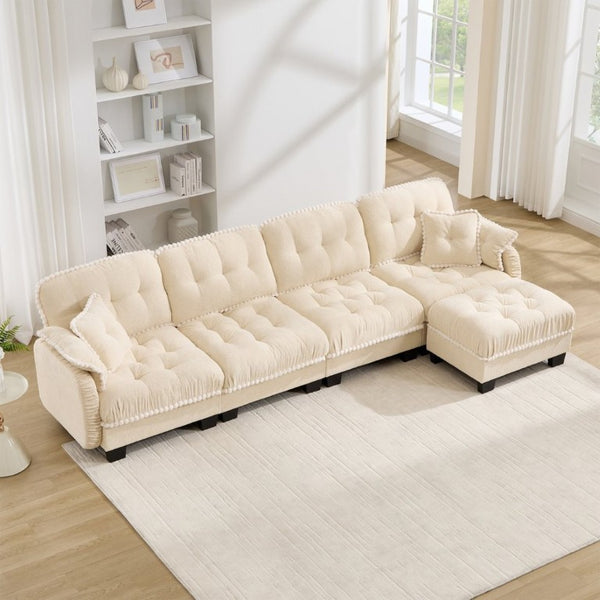 English Elm Chenille Cloud Sectional Sofa Quilted Tufted Cushions Pom-Pom Trim Movable Ottoman Beige W714S01894