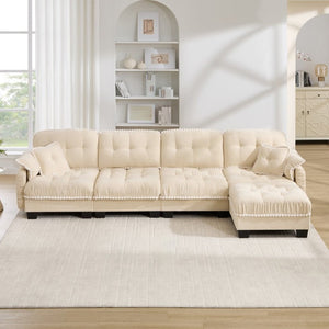 English Elm Chenille Cloud Sectional Sofa Quilted Tufted Cushions Pom-Pom Trim Movable Ottoman Beige W714S01894