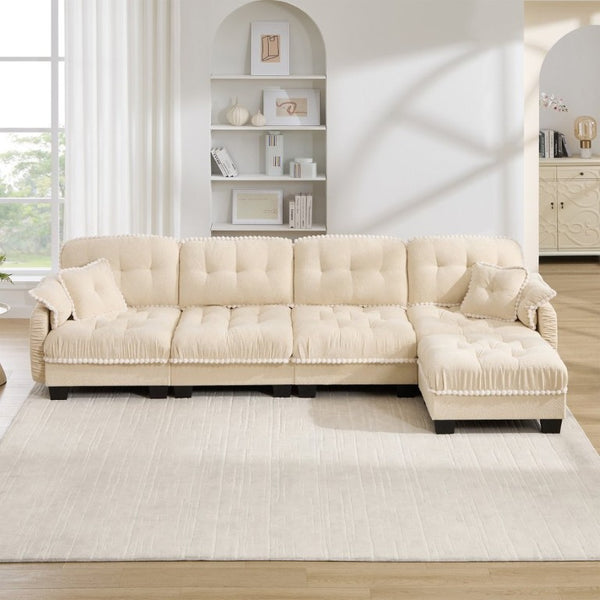 English Elm Chenille Cloud Sectional Sofa Quilted Tufted Cushions Pom-Pom Trim Movable Ottoman Beige W714S01894