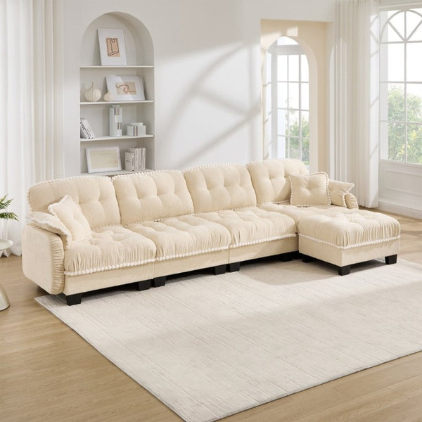 English Elm Chenille Cloud Sectional Sofa Quilted Tufted Cushions Pom-Pom Trim Movable Ottoman Beige W714S01894