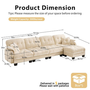 English Elm Chenille Cloud Sectional Sofa Quilted Tufted Cushions Pom-Pom Trim Movable Ottoman Beige W714S01894