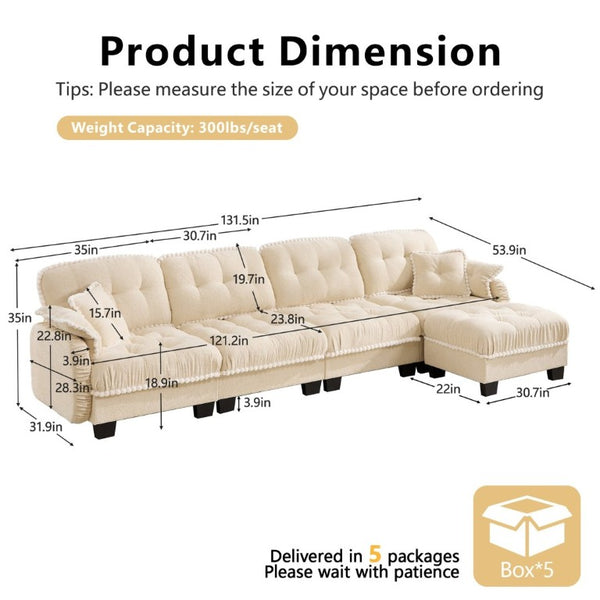 English Elm Chenille Cloud Sectional Sofa Quilted Tufted Cushions Pom-Pom Trim Movable Ottoman Beige W714S01894
