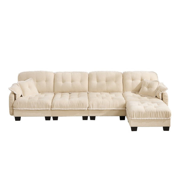 English Elm Chenille Cloud Sectional Sofa Quilted Tufted Cushions Pom-Pom Trim Movable Ottoman Beige W714S01894