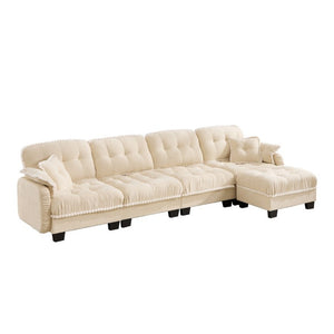English Elm Chenille Cloud Sectional Sofa Quilted Tufted Cushions Pom-Pom Trim Movable Ottoman Beige W714S01894