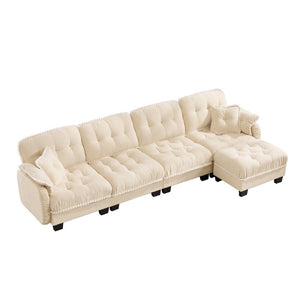 English Elm Chenille Cloud Sectional Sofa Quilted Tufted Cushions Pom-Pom Trim Movable Ottoman Beige W714S01894