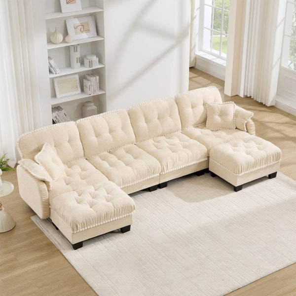 English Elm Chenille Cloud Sectional with Quilted Tufting Pom-Pom Accents and Versatile Ottoman Beige W714S01895