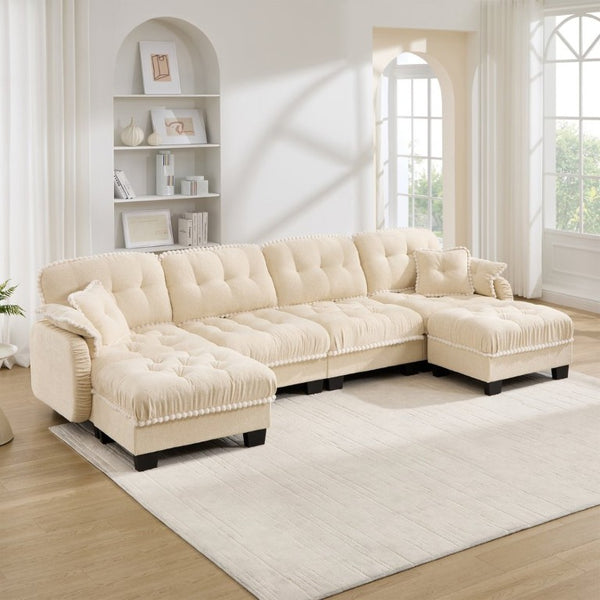 English Elm Chenille Cloud Sectional with Quilted Tufting Pom-Pom Accents and Versatile Ottoman Beige W714S01895