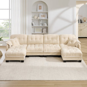 English Elm Chenille Cloud Sectional with Quilted Tufting Pom-Pom Accents and Versatile Ottoman Beige W714S01895